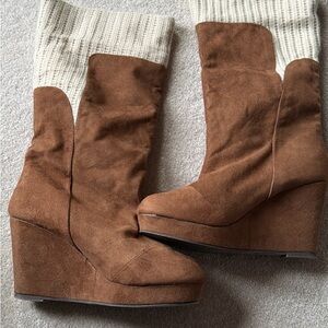 Tan Tall Suede Wedge Boots